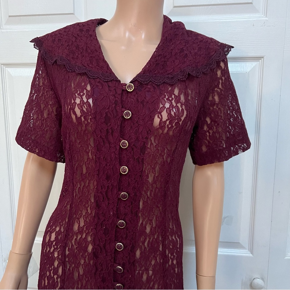 VTG Burgundy Lace Button-Down Long Dress Size L Short Sleeve - Picture 14 of 16